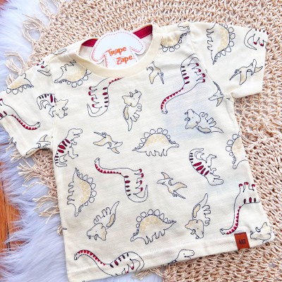 Conj. Camiseta Dinos e Bermuda - Creme e Vermelho